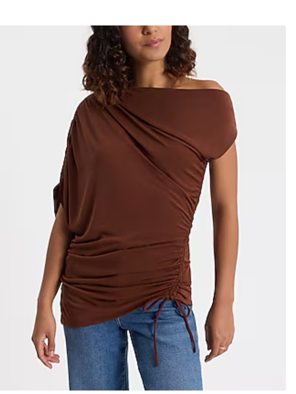 Express Brown One-Shoulder Ruched Side-Tie Tunic